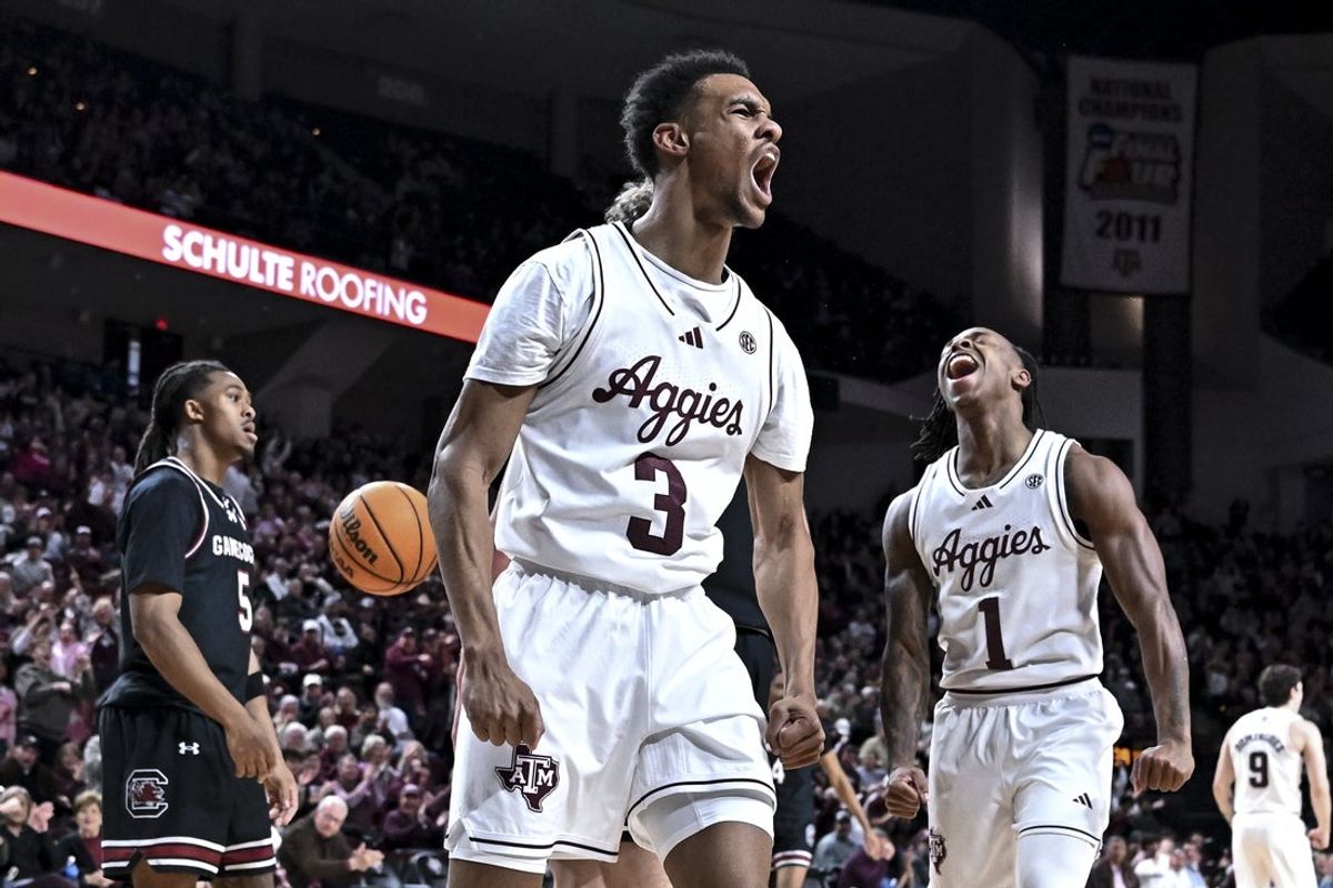 Jan 24, 2026; College Station, Texas, USA; Texas A&M Aggies guard Rylan Griffen (3) reacts during the first half against the South Carolina Gamecocks at Reed Arena. Mandatory Credit: Maria Lysaker-Imagn Images