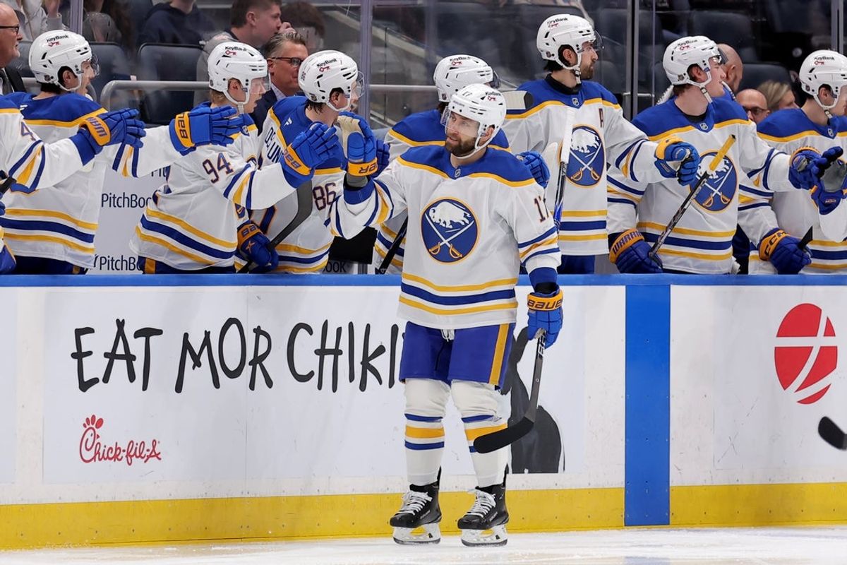 Jan 24, 2026; Elmont, New York, USA; Buffalo Sabres left wing Jason Zucker (17) celebrates his goal against the New York Islanders with teammates during the second period at UBS Arena. Mandatory Credit: Brad Penner-Imagn Images
