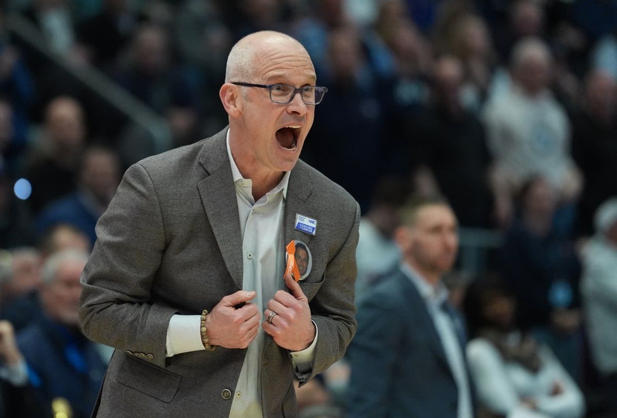 Jan 24, 2026; Storrs, Connecticut, USA; UConn Huskies head coach Dan Hurley reacts from the sideline as they take on the Villanova Wildcats at Harry A. Gampel Pavilion. Mandatory Credit: David Butler II-Imagn Images