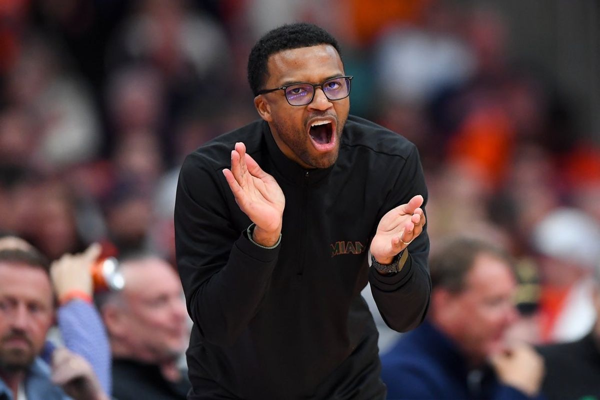 Jan 24, 2026; Syracuse, New York, USA; Miami Hurricanes head coach Jai Lucas reacts during the second half against the Syracuse Orange at the JMA Wireless Dome. Mandatory Credit: Rich Barnes-Imagn Images