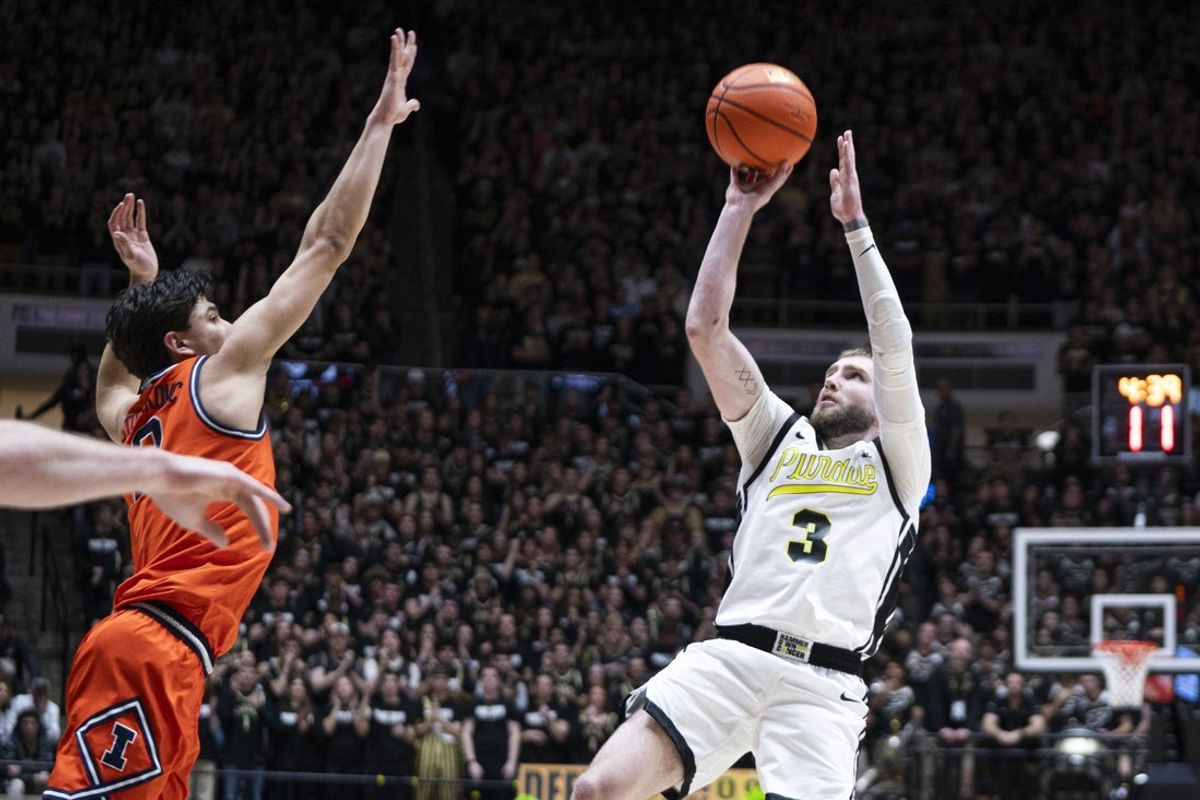 Jan 24, 2026; West Lafayette, Indiana, USA; Purdue Boilermakers guard Braden Smith (3) shoots the ball during the second half against the Illinois Fighting Illini at Mackey Arena. Mandatory Credit: Jacob Musselman-Imagn Images