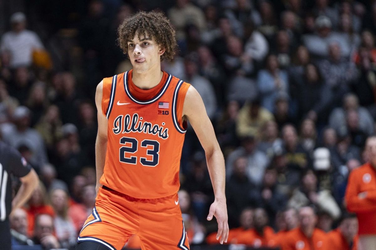 Jan 24, 2026; West Lafayette, Indiana, USA; Illinois Fighting Illini guard Keaton Wagler (23) looks at his teammate during the second half against the Purdue Boilermakers at Mackey Arena. Mandatory Credit: Jacob Musselman-Imagn Images