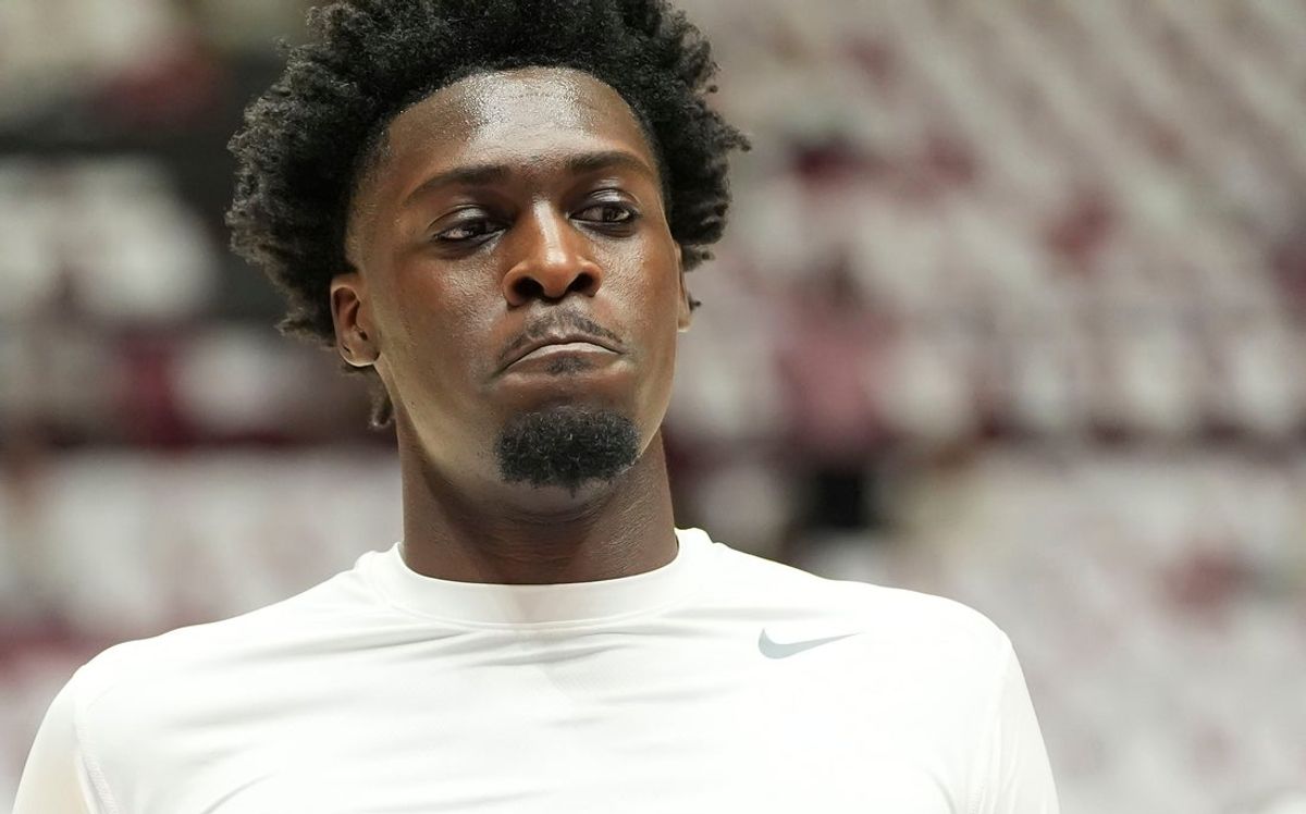 Jan 24, 2026; Tuscaloosa, AL, USA; Alabama center Charles Bediako (14) warms up before the SEC basketball game against Tennessee at Coleman Coliseum. Bediako was reinstated to play college basketball after winning a legal battle. Mandatory Credit: Gary Cosby Jr.-Tuscaloosa News