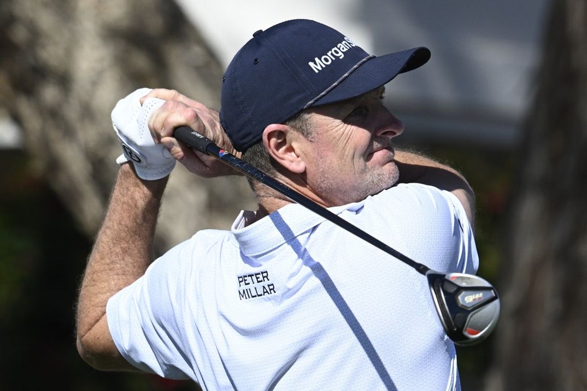 Jan 24, 2026; La Quinta, California, USA; Justin Rose hits his tee shot on the sixth hole during the third round of The American Express golf tournament at Pete Dye Stadium Course. Mandatory Credit: Denis Poroy-Imagn Images