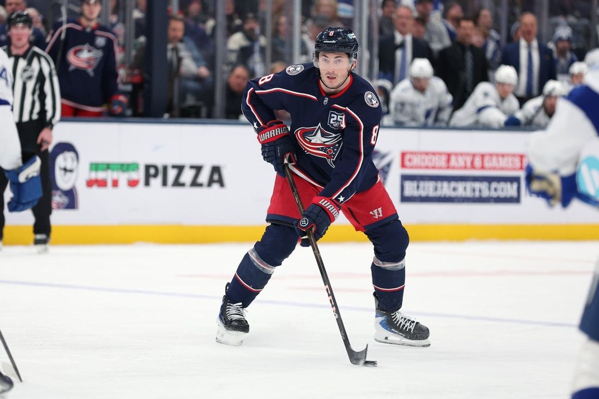 Jan 24, 2026; Columbus, Ohio, USA;  Columbus Blue Jackets defenseman Zach Werenski (8) looks to pass the puck during the second period against the Tampa Bay Lightning at Nationwide Arena. Mandatory Credit: Joseph Maiorana-Imagn Images