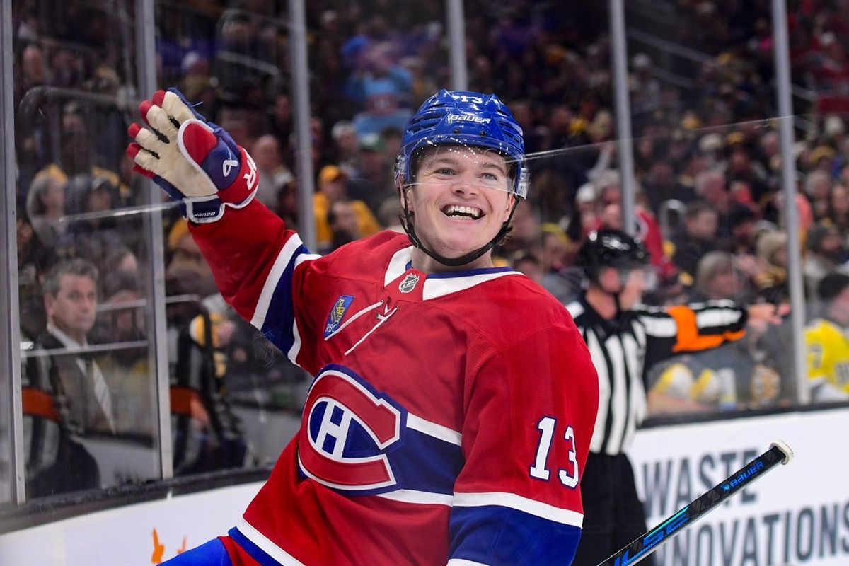 Jan 24, 2026; Boston, Massachusetts, USA; Montreal Canadiens right wing Cole Caufield (13) reacts after scoring a goal during the second period against the Boston Bruins at TD Garden. Mandatory Credit: Bob DeChiara-Imagn Images