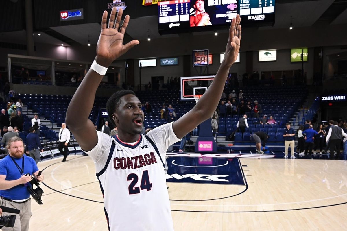 Jan 24, 2026; Spokane, Washington, USA; Gonzaga Bulldogs center Ismaila Diagne (24) celebrates after a game against the San Francisco Dons at McCarthey Athletic Center. Gonzaga Bulldogs won 68-66. Mandatory Credit: James Snook-Imagn Images