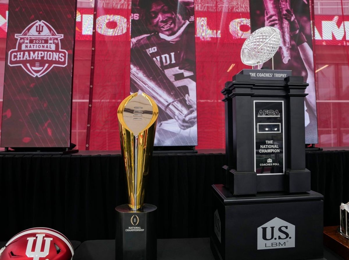 Jan 24, 2026; Bloomington, IN, USA; A general view of the National Championship trophy and the Coaches Trophy Saturday, Jan. 24, 2026, during the Indiana Football College Football Playoff National Championship celebration and parade at Memorial Stadium. Mandatory Credit: Grace Hollars-USA TODAY Network via Imagn Images