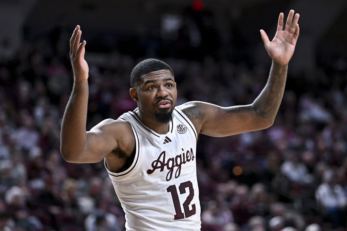 Jan 24, 2026; College Station, Texas, USA; Texas A&M Aggies forward Rashaun Agee (12) reacts during the first half against the South Carolina Gamecocks at Reed Arena. Mandatory Credit: Maria Lysaker-Imagn Images