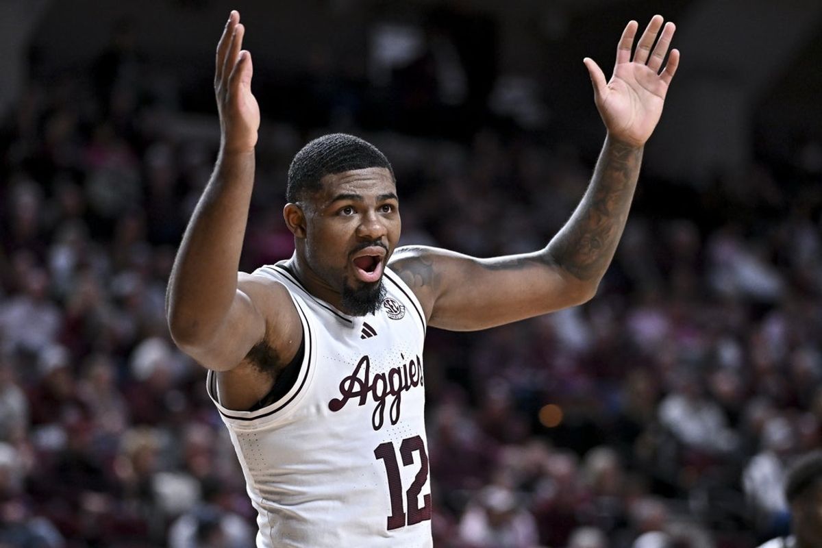 Jan 24, 2026; College Station, Texas, USA; Texas A&M Aggies forward Rashaun Agee (12) reacts during the first half against the South Carolina Gamecocks at Reed Arena. Mandatory Credit: Maria Lysaker-Imagn Images