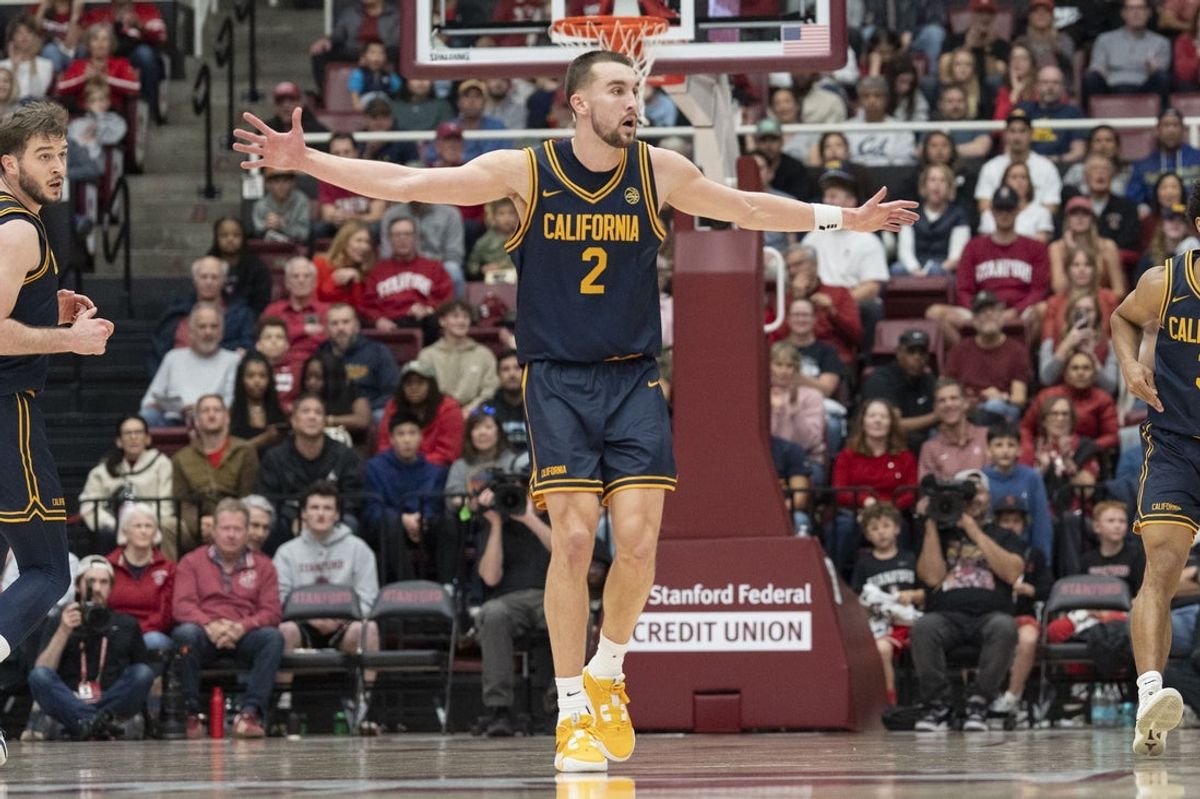 Jan 24, 2026; Stanford, California, USA;  California Golden Bears forward John Camden (2) during the second half against the Stanford Cardinal at Maples Pavilion. Mandatory Credit: Stan Szeto-Imagn Images