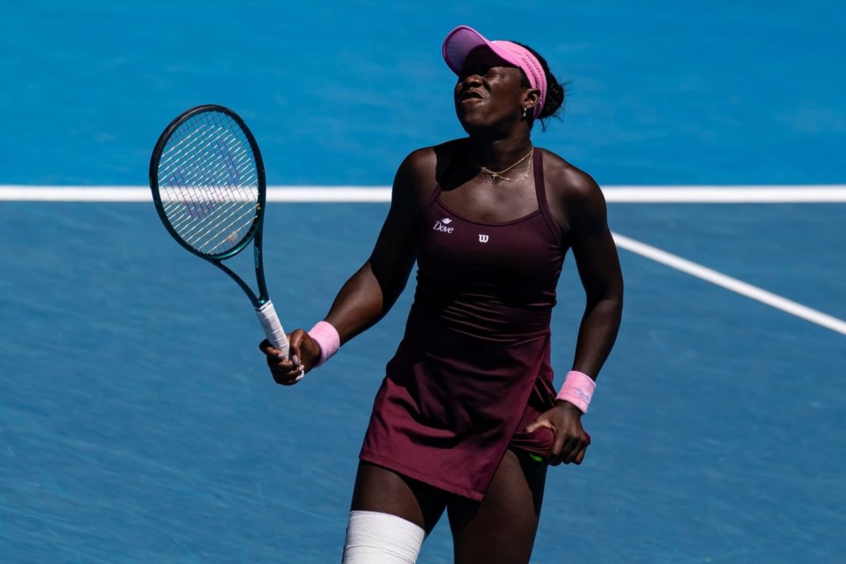 Jan 25, 2026; Melbourne, Victoria, Australia; Victoria Mboko of Canada in action against Aryna Sabalenka in the fourth round of the women’s singles at the Australian Open at Rod Laver Arena in Melbourne Park. Mandatory Credit: Mike Frey-Imagn Images