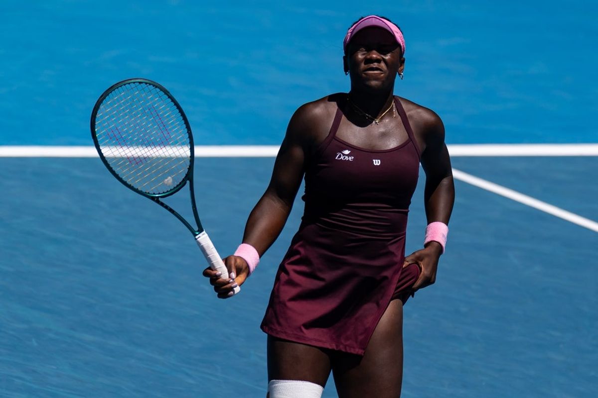 Jan 25, 2026; Melbourne, Victoria, Australia; Victoria Mboko of Canada in action against Aryna Sabalenka in the fourth round of the women’s singles at the Australian Open at Rod Laver Arena in Melbourne Park. Mandatory Credit: Mike Frey-Imagn Images