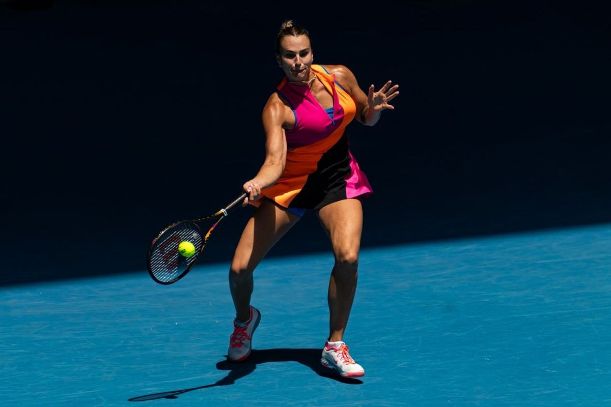 Jan 25, 2026; Melbourne, Victoria, Australia; Aryna Sabalenka in action against Victoria Mboko of Canada in the fourth round of the women’s singles at the Australian Open at Rod Laver Arena in Melbourne Park. Mandatory Credit: Mike Frey-Imagn Images