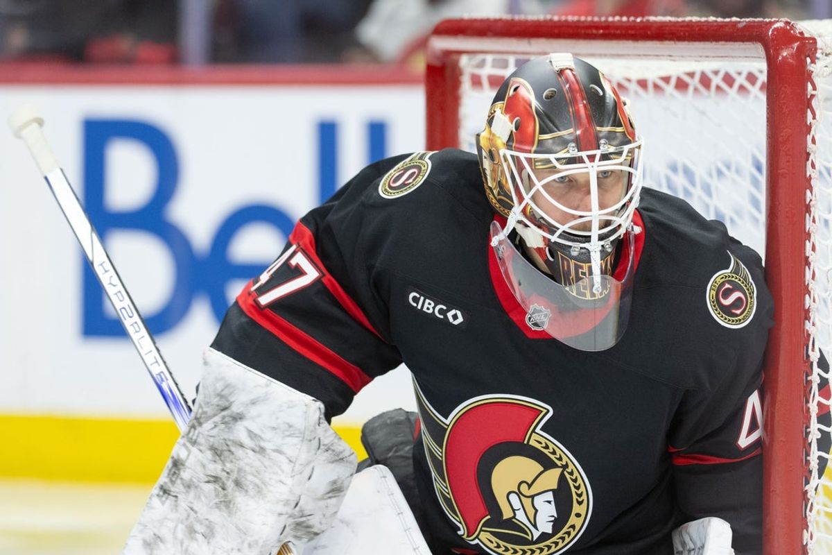 Jan 24, 2026; Ottawa, Ontario, CAN; Ottawa Senators goalie James Reimer (47) warms up prior to the start of the second period against the Carolina Hurricanes  at the Canadian Tire Centre. Mandatory Credit: Marc DesRosiers-IMAGN Images