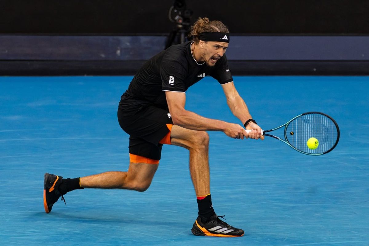 Jan 25, 2026; Melbourne, Victoria, Australia; Alexander Zverev of Germany in action against Francisco Cerundolo of Argentina in the fourth round of the menís singles at the Australian Open at John Cain Arena in Melbourne Park. Mandatory Credit: Mike Frey-Imagn Images