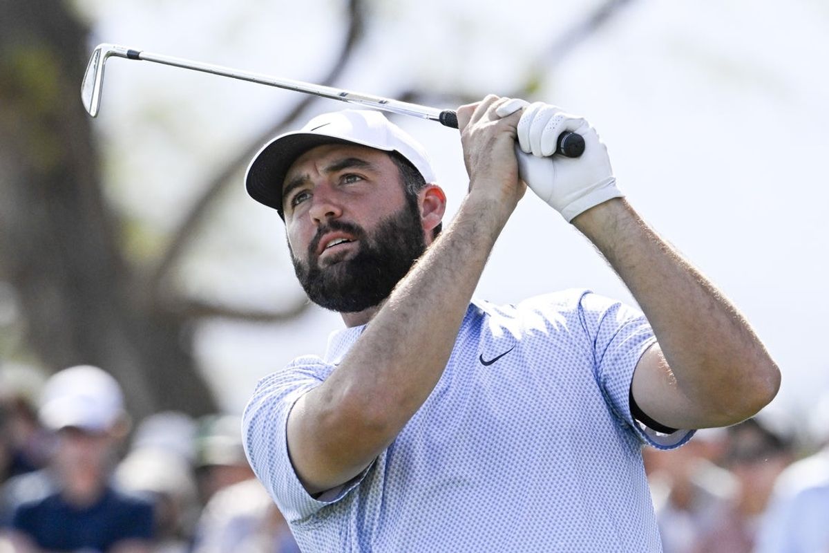 Jan 25, 2026; La Quinta, California, USA; Scottie Scheffler hits his tee shot on the sixth hole during the final round of The American Express golf tournament at Pete Dye Stadium Course. Mandatory Credit: Denis Poroy-Imagn Images