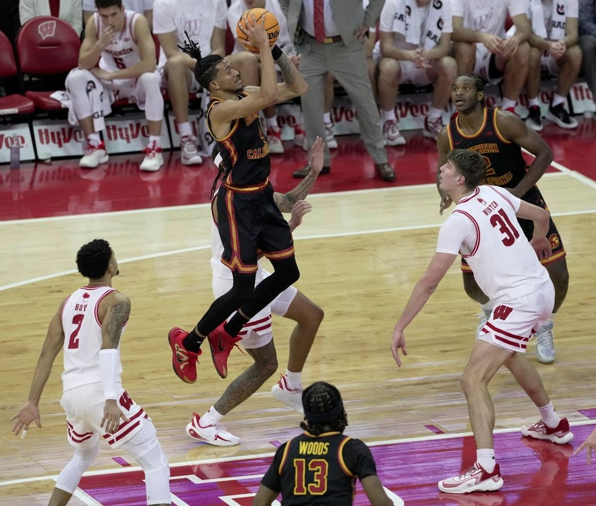 USC forward Chad Baker-Mazara (4) scores during the first half of their game against Wisconsin Sunday, January 25, 2026 at the Kohl Center in Madison, Wisconsin.