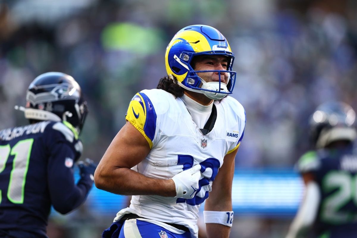 Jan 25, 2026; Seattle, WA, USA; Los Angeles Rams wide receiver Puka Nacua (12) reacts after a catch against the Seattle Seahawks during the first half in the 2026 NFC Championship Game at Lumen Field. Mandatory Credit: Kevin Ng-Imagn Images