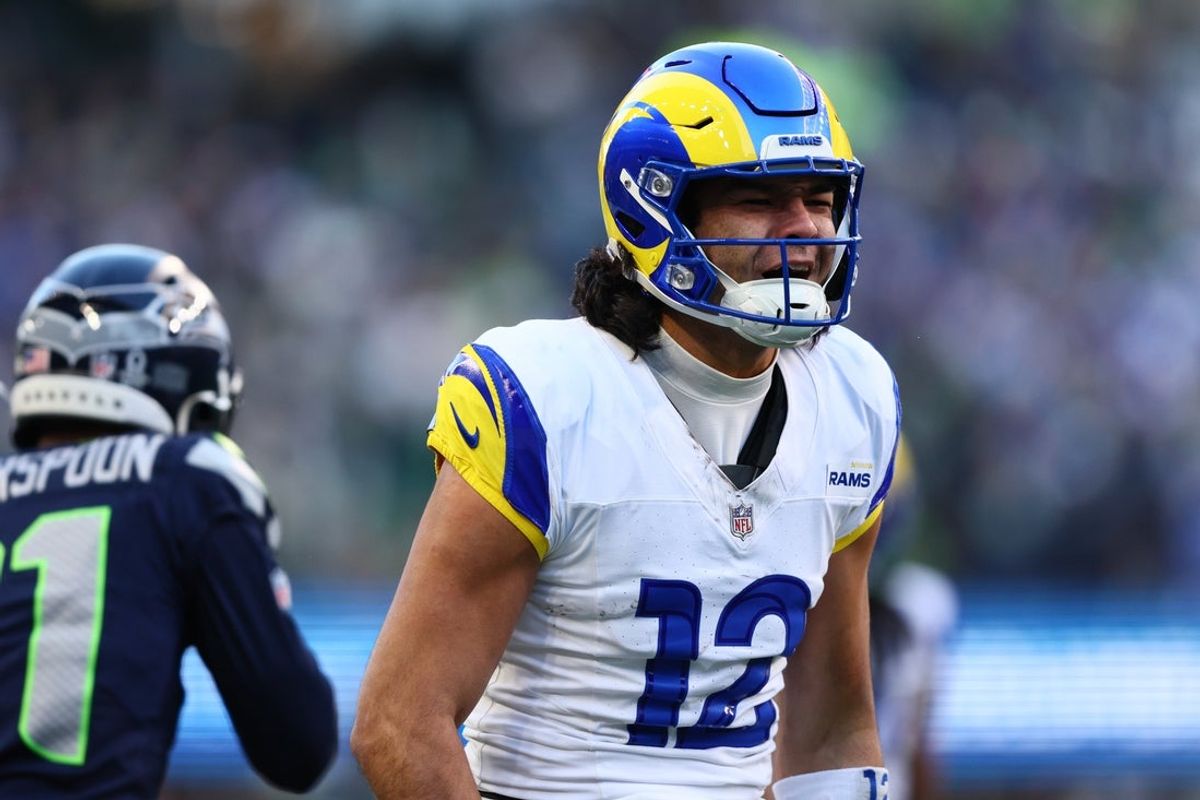 Jan 25, 2026; Seattle, WA, USA; Los Angeles Rams wide receiver Puka Nacua (12) reacts after a catch against the Seattle Seahawks during the first half in the 2026 NFC Championship Game at Lumen Field. Mandatory Credit: Kevin Ng-Imagn Images