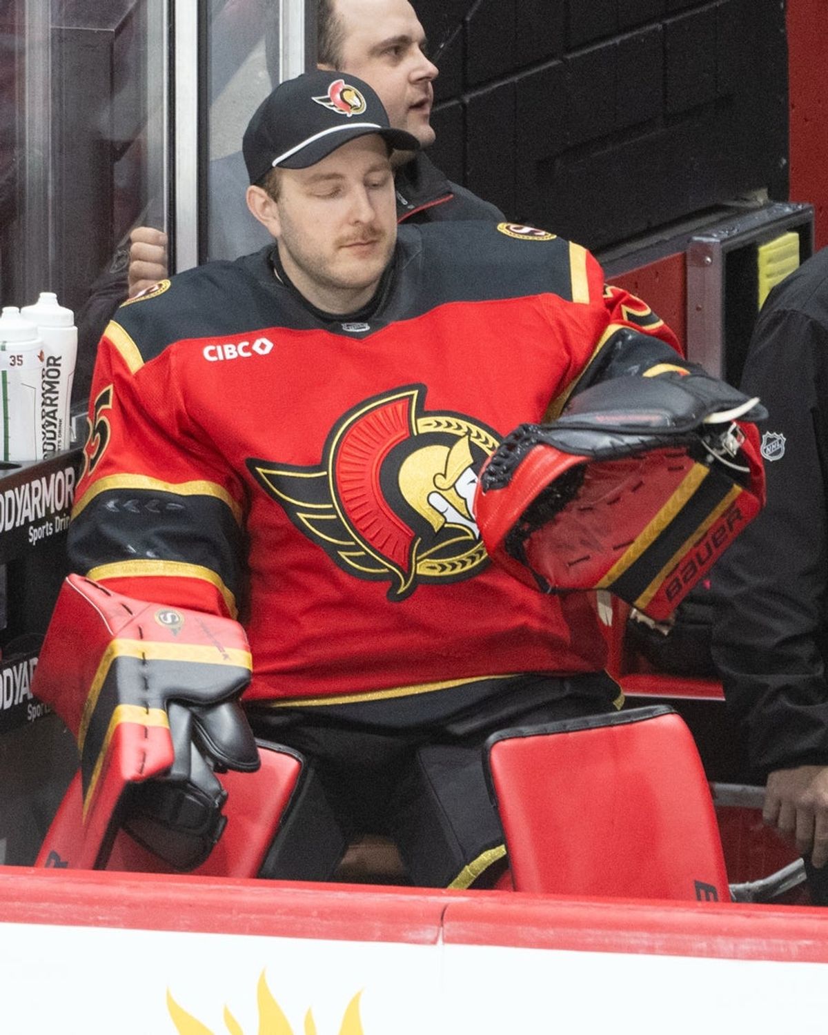 Jan 25, 2026; Ottawa, Ontario, CAN; Ottawa Senators goalie Linus Ullmark (35) serves as the backup goalie in game against the Vegas Golden Knights at the Canadian Tire Centre. Mandatory Credit: Marc DesRosiers-IMAGN Images