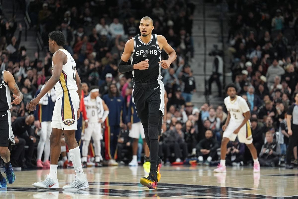 Jan 25, 2026; San Antonio, Texas, USA;  San Antonio Spurs forward Victor Wembanyama (1) runs up the court in the second half against the New Orleans Pelicans at Frost Bank Center. Mandatory Credit: Daniel Dunn-Imagn Images
