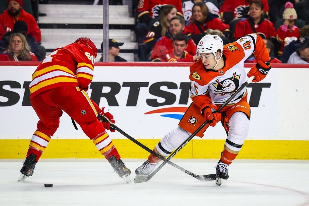 Jan 25, 2026; Calgary, Alberta, CAN; Anaheim Ducks right wing Beckett Sennecke (45) and Calgary Flames center Nazem Kadri (91) battle for the puck during the third period at Scotiabank Saddledome. Mandatory Credit: Sergei Belski-Imagn Images