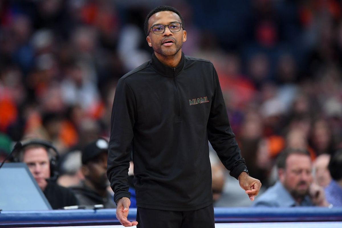 Jan 24, 2026; Syracuse, New York, USA; Miami Hurricanes head coach Jai Lucas looks on during the second half against the Syracuse Orange at the JMA Wireless Dome. Mandatory Credit: Rich Barnes-Imagn Images