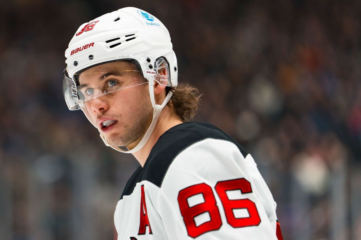 Jan 23, 2026; Vancouver, British Columbia, CAN; New Jersey Devils forward Jack Hughes (86) during a stop in play against the Vancouver Canucks in the first period at Rogers Arena. Mandatory Credit: Bob Frid-Imagn Images