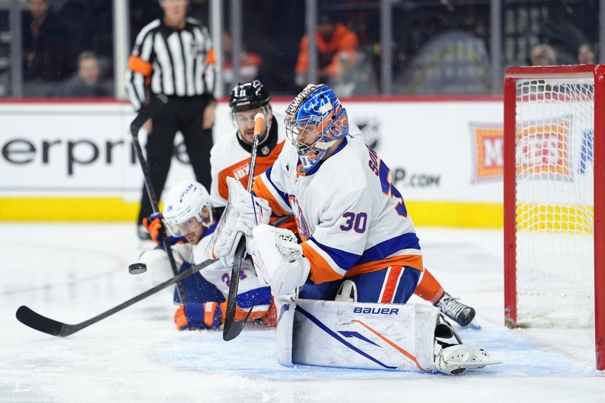 Jan 26, 2026; Philadelphia, Pennsylvania, USA; New York Islanders goalie Ilya Sorokin (30) makes a save against the Philadelphia Flyers in the first period at Xfinity Mobile Arena. Mandatory Credit: Kyle Ross-Imagn Images