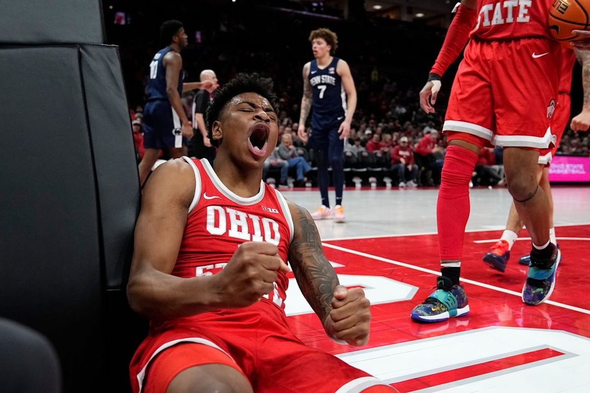 Ohio State Buckeyes forward Amare Bynum (1) celebrates a made shot and a foul during the first half of the NCAA men's basketball game against the Penn State Nittany Lions at the Schottenstein Center in Columbus on Jan. 26, 2026.