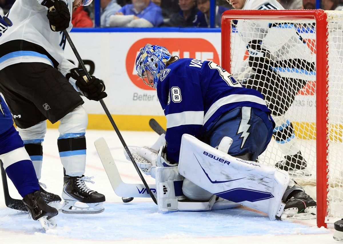 Jan 26, 2026; Tampa, Florida, USA; Tampa Bay Lightning goaltender Andrei Vasilevskiy (88) defends the puck against the Utah Mammoth during the second period at Benchmark International Arena. Mandatory Credit: Kim Klement Neitzel-Imagn Images