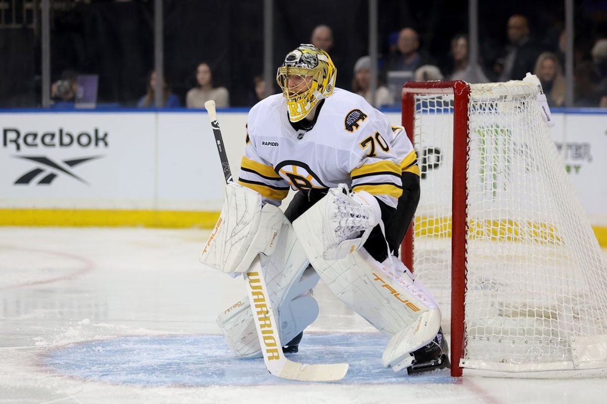 Jan 26, 2026; New York, New York, USA; Boston Bruins goaltender Joonas Korpisalo (70) tends net against the New York Rangers during the second period at Madison Square Garden. Mandatory Credit: Brad Penner-Imagn Images