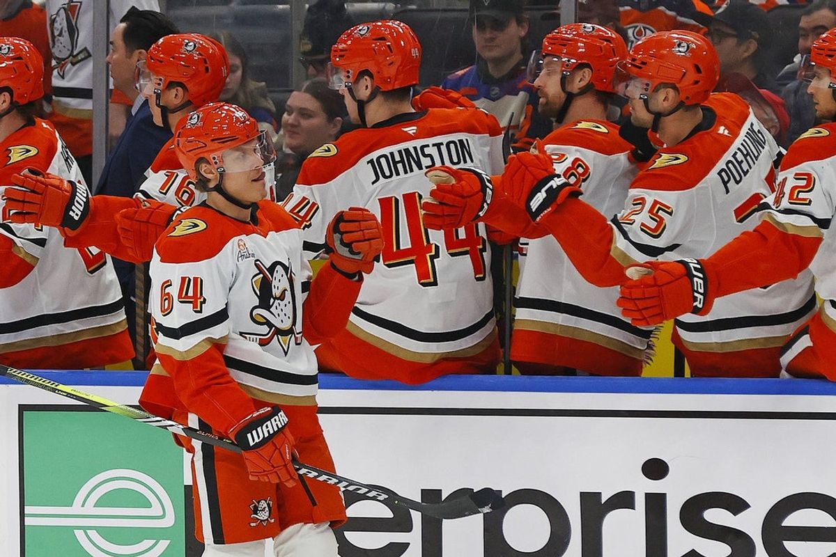 Jan 26, 2026; Edmonton, Alberta, CAN; The Anaheim Ducks celebrate a goal scored by forward Mikael Granlund (64) during the first period against the Edmonton Oilers at Rogers Place. Mandatory Credit: Perry Nelson-Imagn Images