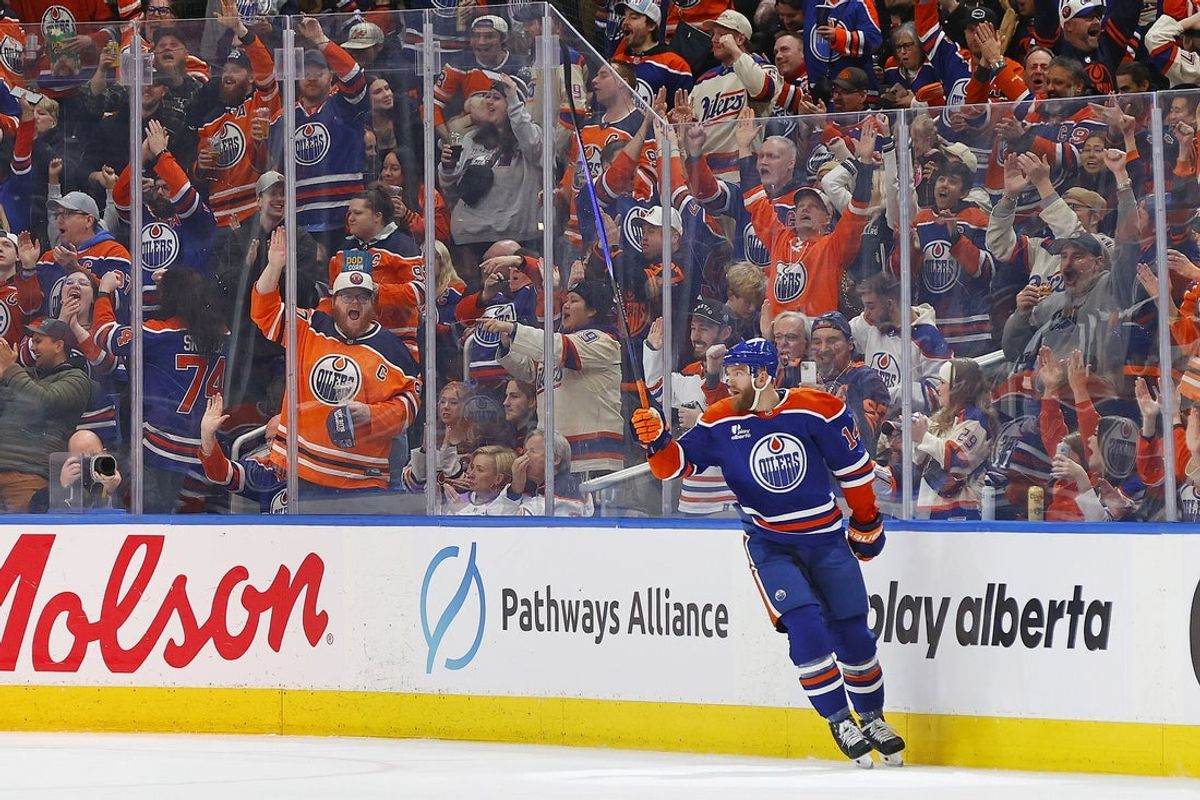 Jan 26, 2026; Edmonton, Alberta, CAN; Edmonton Oilers defensemen Mattias Ekholm (14) celebrates after scoring a goa during the second periodl against the Anaheim Ducks  at Rogers Place. Mandatory Credit: Perry Nelson-Imagn Images