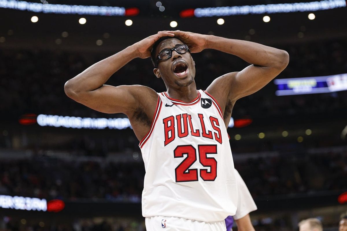 Jan 26, 2026; Chicago, Illinois, USA; Chicago Bulls forward Jalen Smith (25) reacts during the second half at United Center. Mandatory Credit: Kamil Krzaczynski-Imagn Images