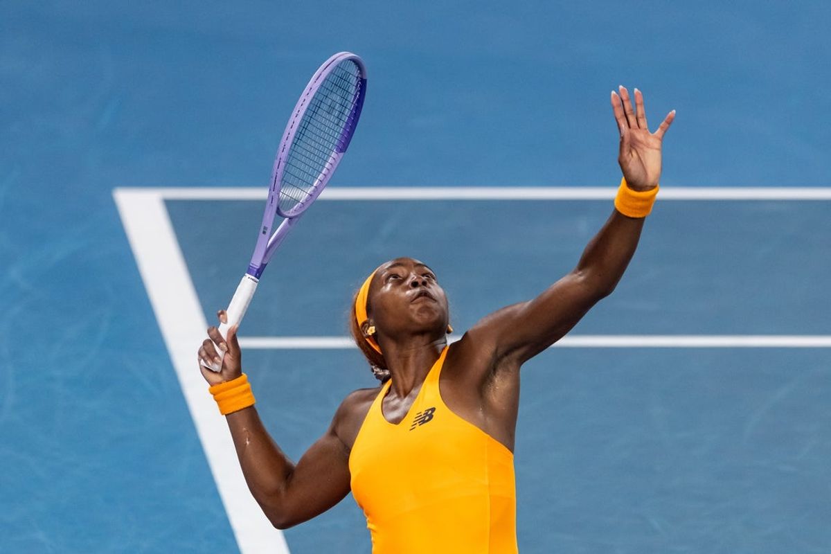 Jan 27, 2026; Melbourne, Victoria, Australia; Coco Gauff of United States in action against Elina Svitolina of Ukraine in the quarterfinals of the women’s singles at the Australian Open at Rod Laver Arena in Melbourne Park. Mandatory Credit: Mike Frey-Imagn Images
