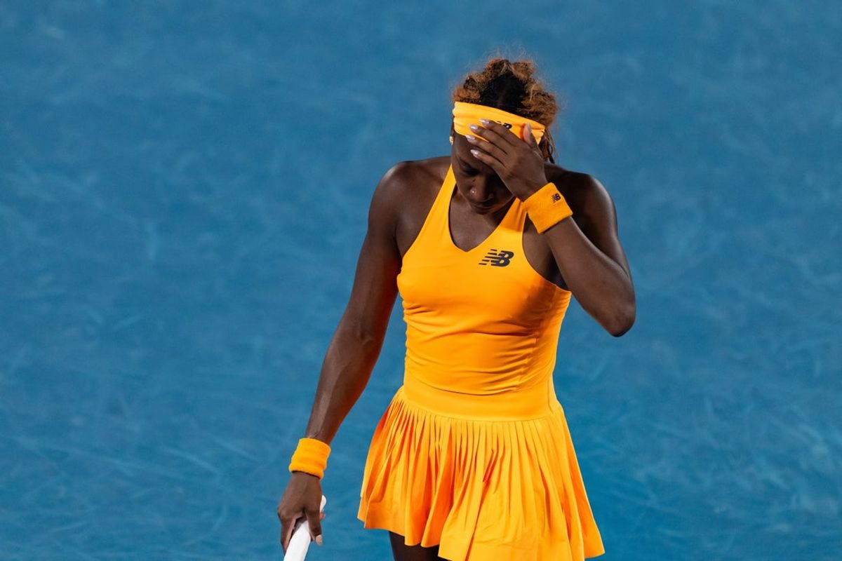 Jan 27, 2026; Melbourne, Victoria, Australia; Coco Gauff of United States in action against Elina Svitolina of Ukraine in the quarterfinals of the women’s singles at the Australian Open at Rod Laver Arena in Melbourne Park. Mandatory Credit: Mike Frey-Imagn Images