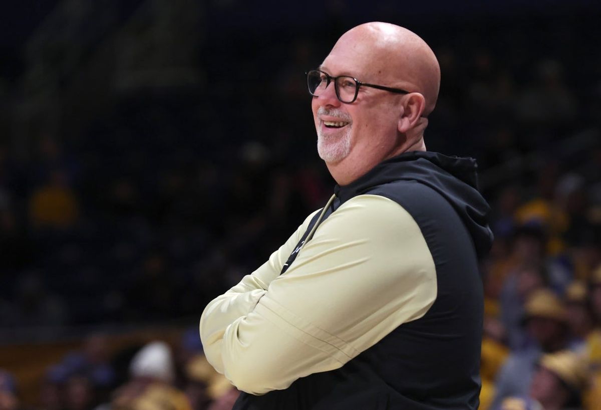 Jan 27, 2026; Pittsburgh, Pennsylvania, USA;  Wake Forest Demon Deacons head coach Steve Forbes reacts on the court against the Pittsburgh Panthers during the first half at the Petersen Events Center. Mandatory Credit: Charles LeClaire-Imagn Images
