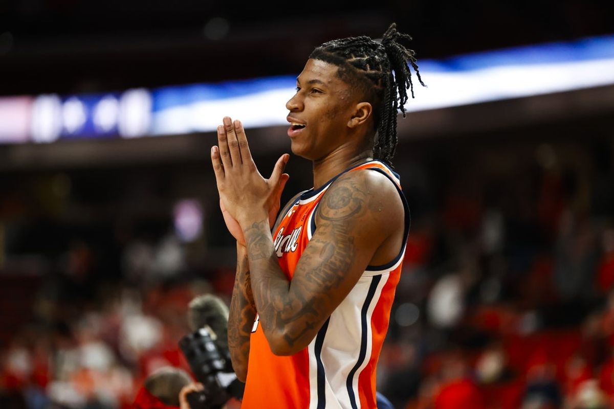 Jan 27, 2026; Raleigh, North Carolina, USA; Syracuse Orange forward Donnie Freeman (1) reacts before the first half of the game against the NC State Wolfpack at Lenovo Center. Mandatory Credit: Jaylynn Nash-Imagn Images
