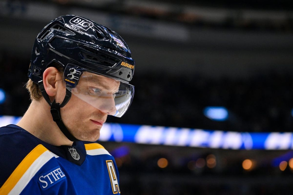 Jan 27, 2026; St. Louis, Missouri, USA; St. Louis Blues defenseman Colton Parayko (55) looks on during the first period against the Dallas Stars at Enterprise Center. Mandatory Credit: Jeff Curry-Imagn Images