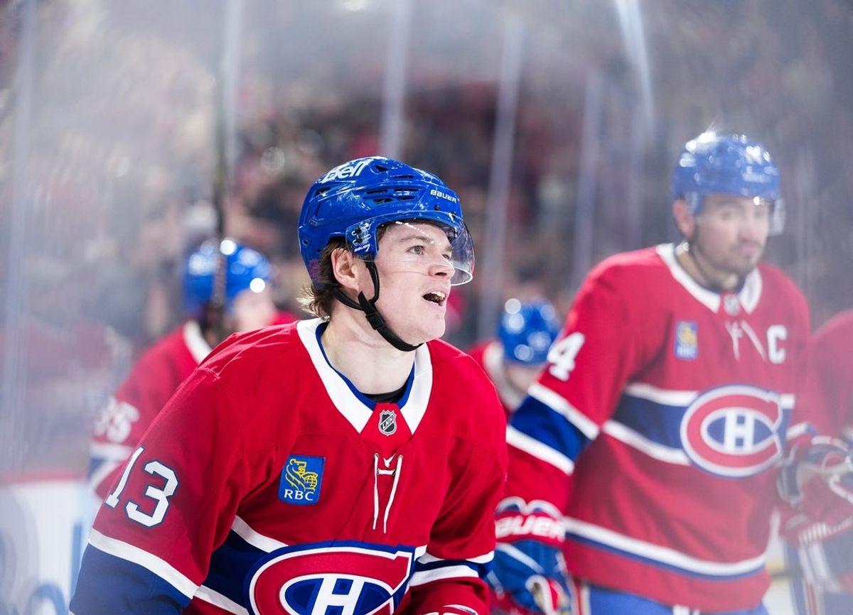 Jan 27, 2026; Montreal, Quebec, CAN; Montreal Canadiens forward Cole Caufield (13) celebrates after scoring a goal against the Vegas Golden Knights during the second period at the Bell Centre. Mandatory Credit: Eric Bolte-Imagn Images
