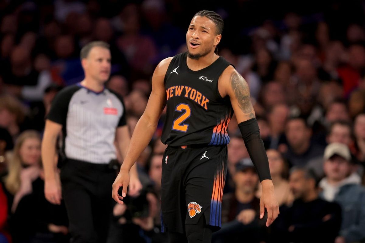 Jan 27, 2026; New York, New York, USA; New York Knicks guard Miles McBride (2) reacts during the second quarter against the Sacramento Kings at Madison Square Garden. Mandatory Credit: Brad Penner-Imagn Images