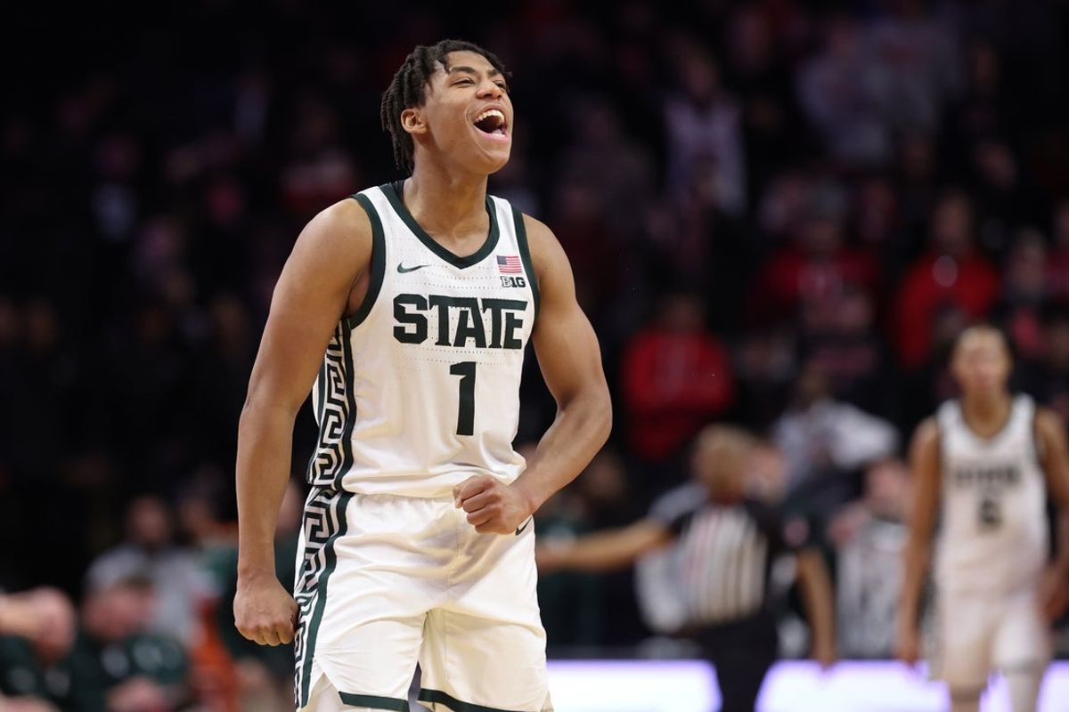 Jan 27, 2026; Piscataway, New Jersey, USA; Michigan State Spartans guard Jeremy Fears Jr. (1) reacts during overtime against the Rutgers Scarlet Knights at Jersey Mike's Arena. Mandatory Credit: Vincent Carchietta-Imagn Images