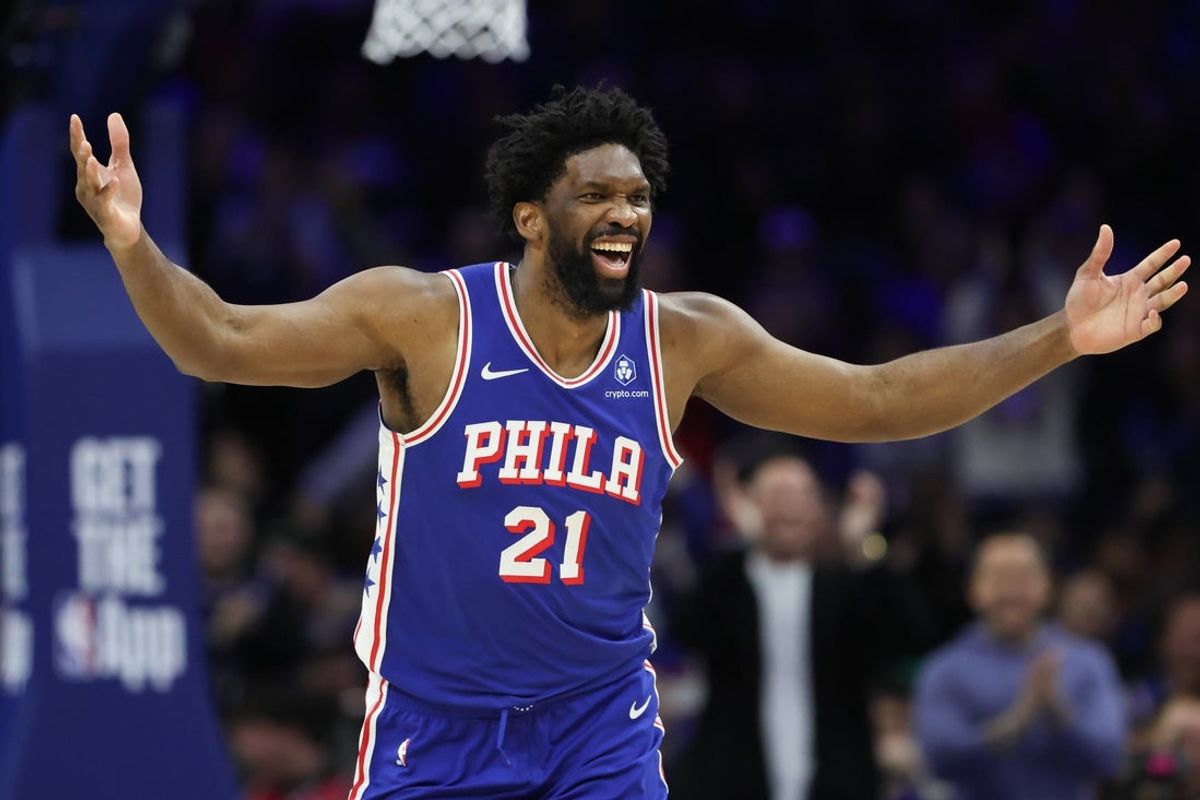 Jan 27, 2026; Philadelphia, Pennsylvania, USA; Philadelphia 76ers center Joel Embiid (21) reacts after his dunk against the Milwaukee Bucks during the second quarter at Xfinity Mobile Arena. Mandatory Credit: Bill Streicher-Imagn Images