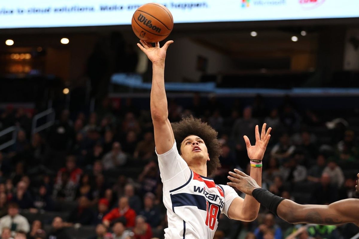 Jan 27, 2026; Washington, District of Columbia, USA; Washington Wizards forward Kyshawn George (18) takes a shot during the second half against the Portland Trail Blazers at Capital One Arena. Mandatory Credit: Daniel Kucin Jr.-Imagn Images
