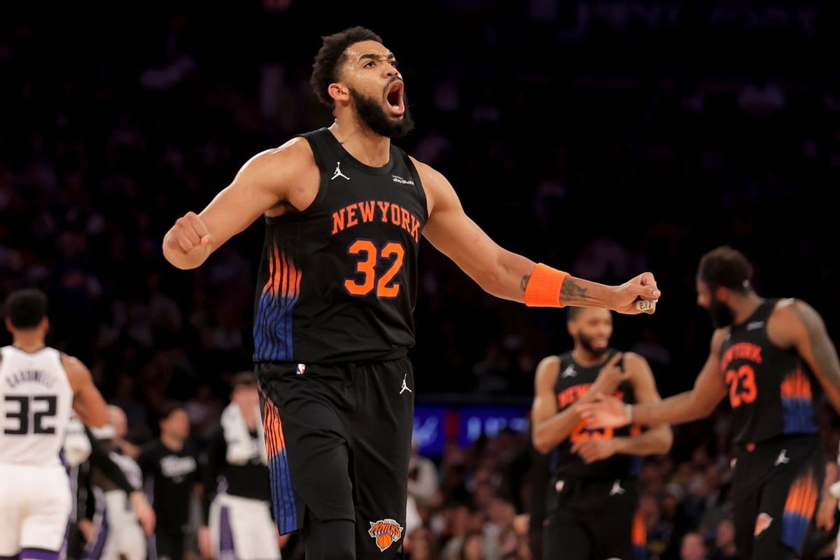 Jan 27, 2026; New York, New York, USA; New York Knicks center Karl-Anthony Towns (32) reacts during the fourth quarter against the Sacramento Kings at Madison Square Garden. Mandatory Credit: Brad Penner-Imagn Images