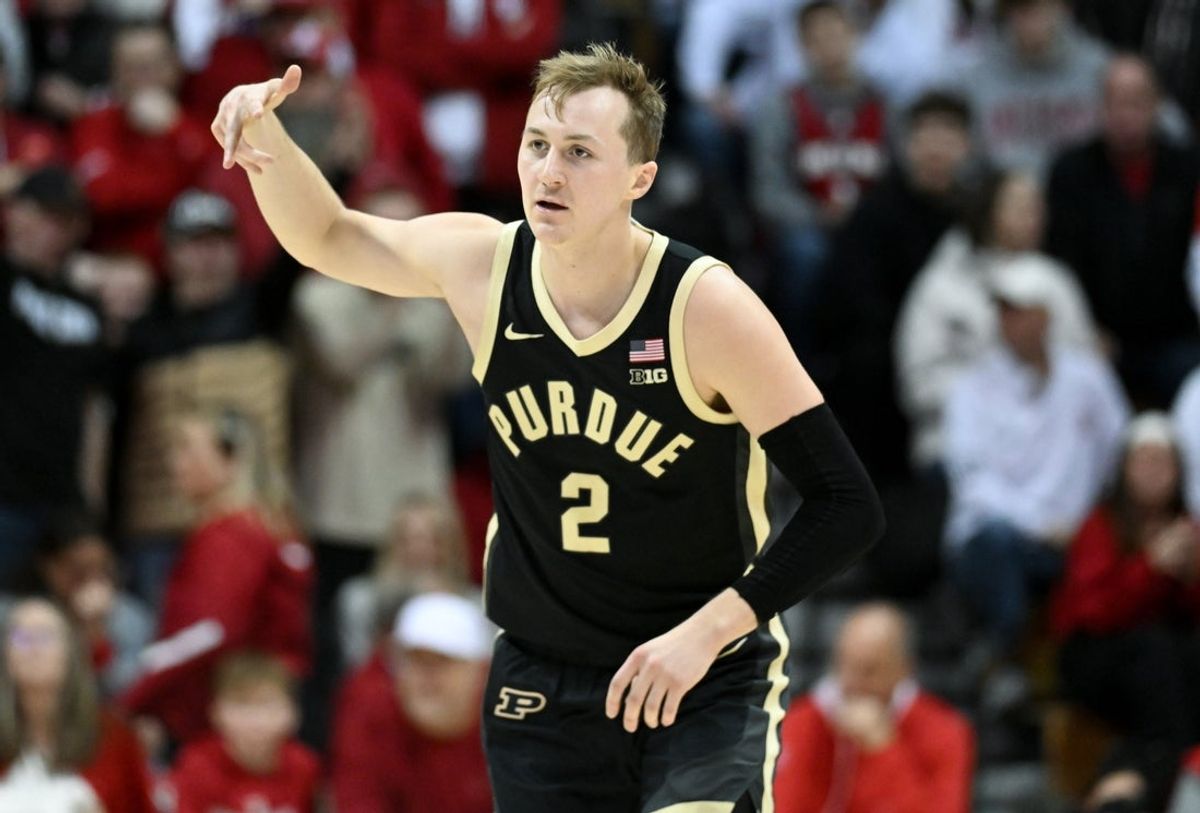 Jan 27, 2026; Bloomington, Indiana, USA; Purdue Boilermakers guard Fletcher Loyer (2) celebrates after making a shot against the Indiana Hoosiers during the first half at Simon Skjodt Assembly Hall. Mandatory Credit: Robert Goddin-Imagn Images