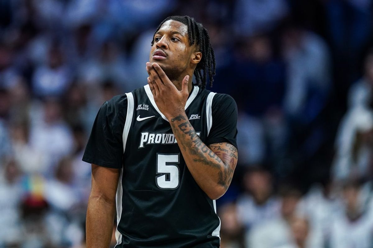 Jan 27, 2026; Storrs, Connecticut, USA; Providence Friars forward Jamier Jones (5) returns up court against the UConn Huskies in the second half at Harry A. Gampel Pavilion. Mandatory Credit: David Butler II-Imagn Images