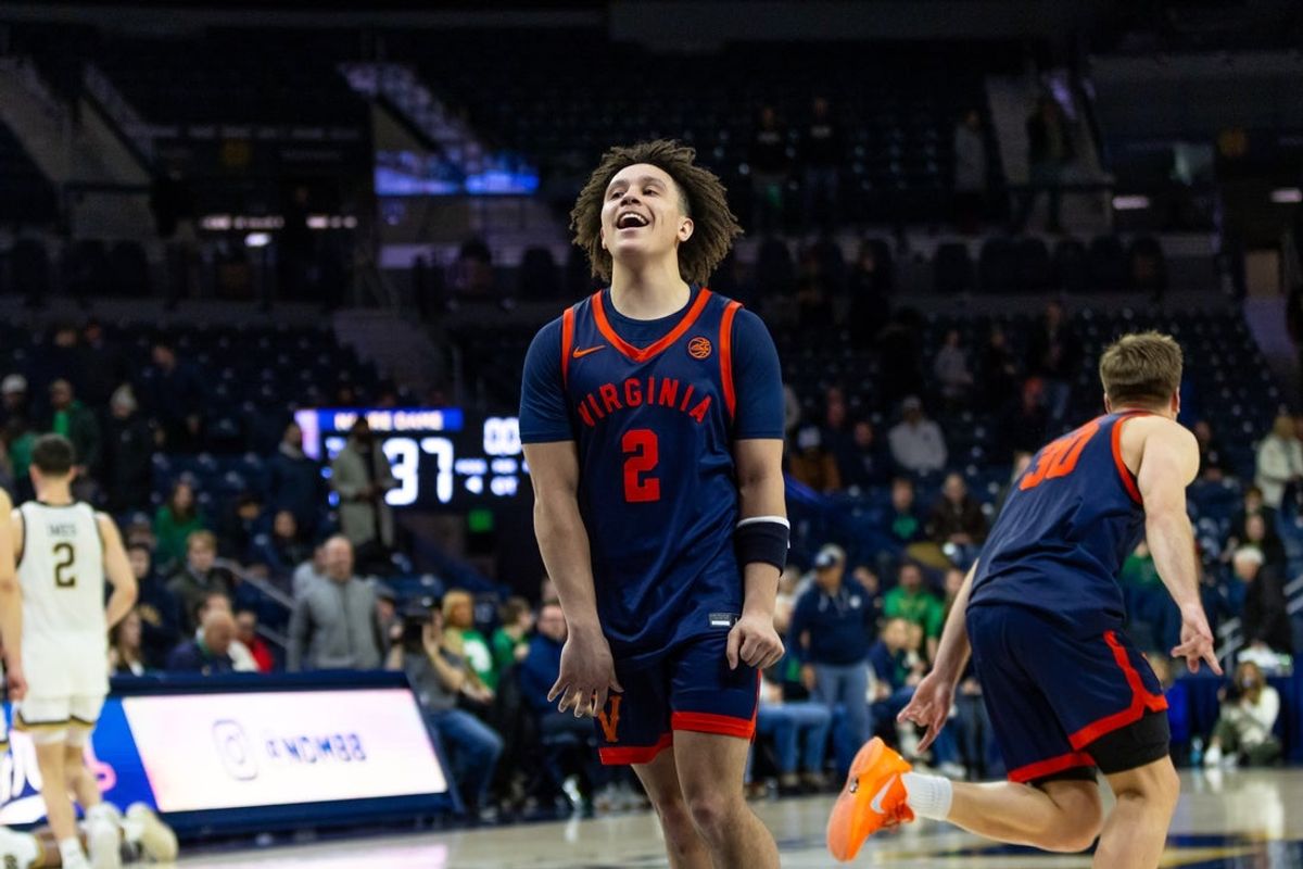 Jan 27, 2026; South Bend, Indiana, USA; Virginia Cavaliers guard Chance Mallory (2) celebrates beating the Notre Dame Fighting Irish after the second overtime at Purcell Pavilion at the Joyce Center. Mandatory Credit: Michael Caterina-Imagn Images